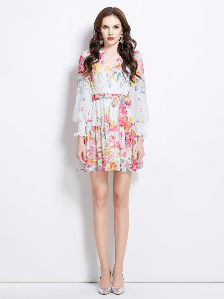Original Design Spring/Summer Vacation New Flower Oil Painting Style V-neck Short Dress