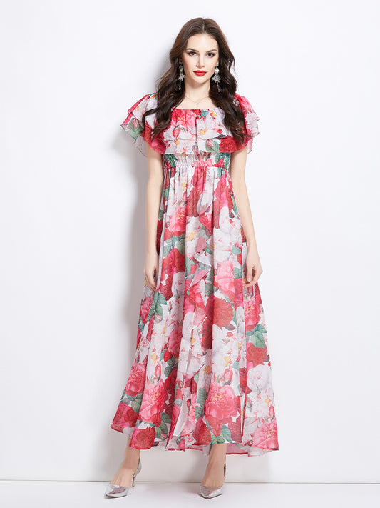 Original design for spring and summer ruffle edge one piece collar, waist cinched, big swing beach skirt, split chiffon dress