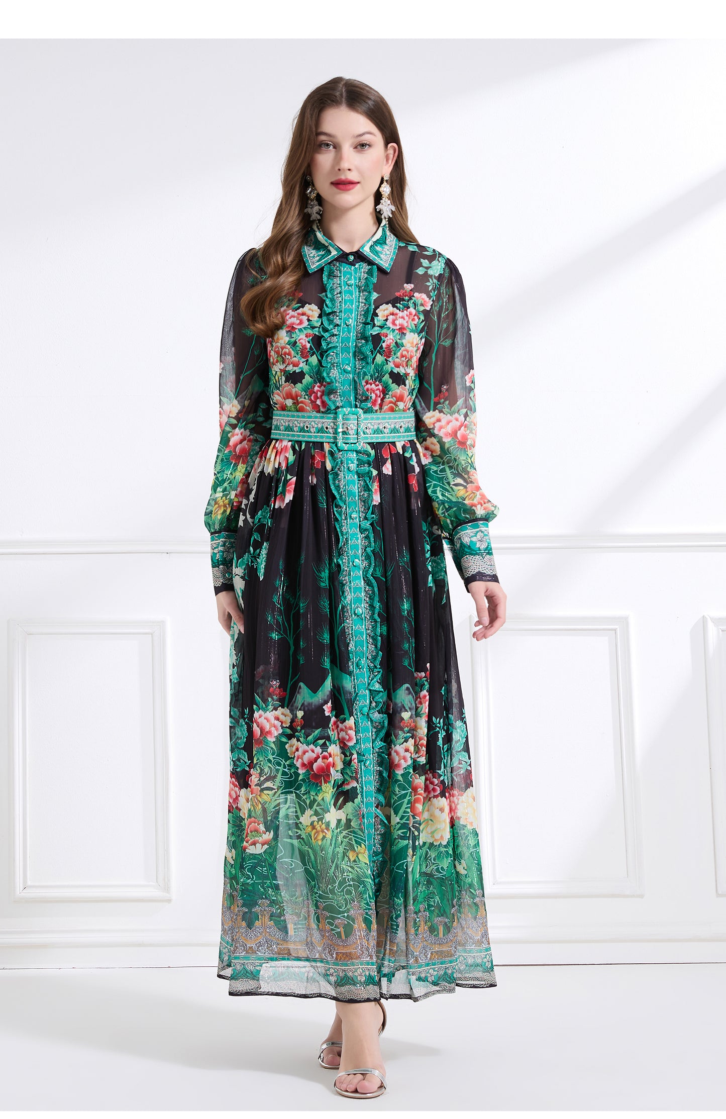 Original design - Spring/Summer, Autumn chiffon shirt collar print, long sleeves, cinched waist, ruffled maxi skirt