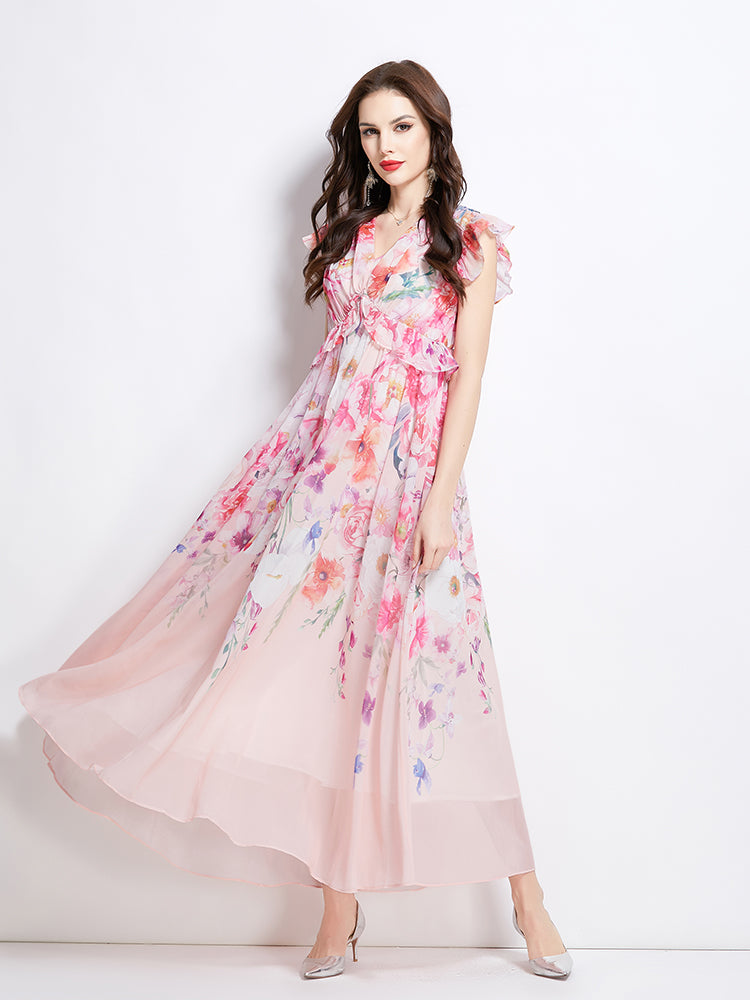 Original Design Spring/Summer Retro Flower Little Fly Sleeve Long Dress
