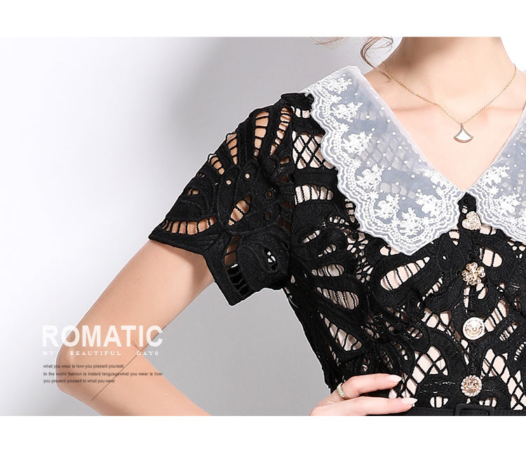 Original Design: Spring and Summer High End Water soluble Embroidered Medium length Skirt with V-neck and Waist cinching to Look Thin Dress