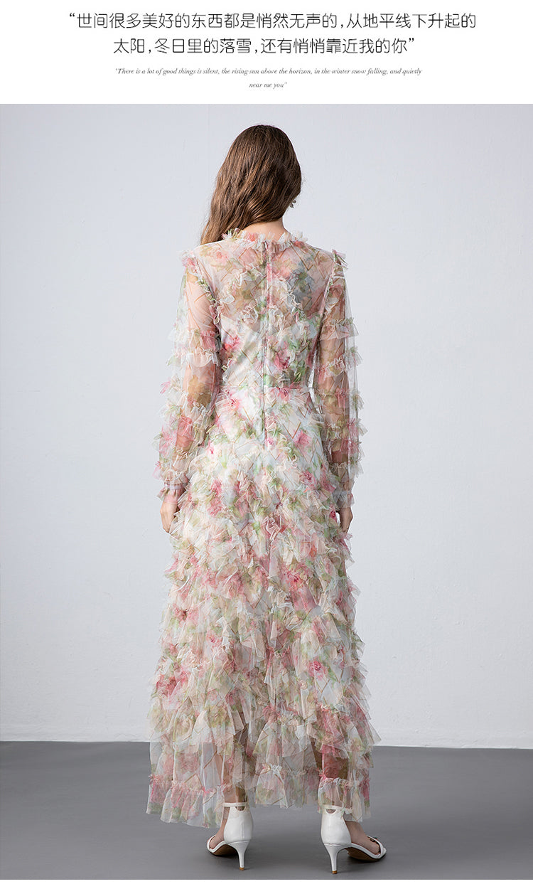 Original design boutique heavy industry romantic fairy temperament printed fungus edge French dress