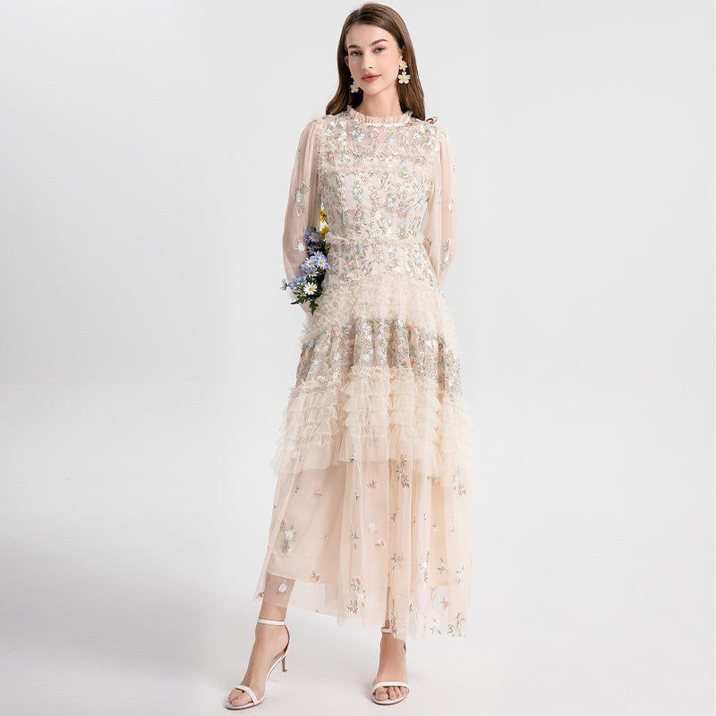 Original Design Women's Countryside Forest Style Heavy Industry Colorful Embroidered Black Fungus Edge Large Swing Dress