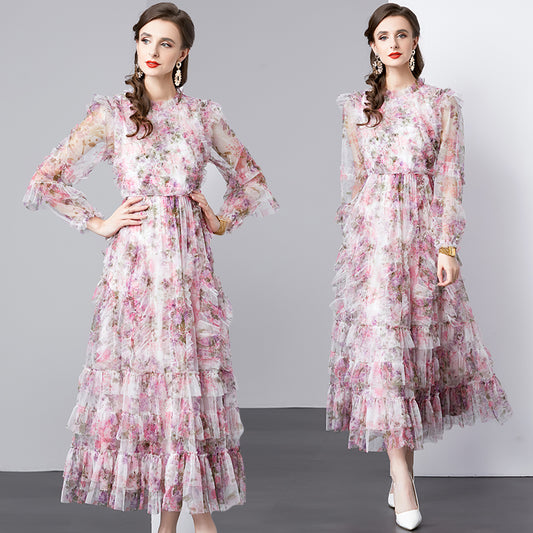 Original design graphic women's French purple and red flower print elegant temperament dress
