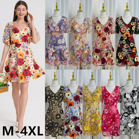 Meizhonggong boutique color handmade three-dimensional embroidered puff sleeve French pendulum dress