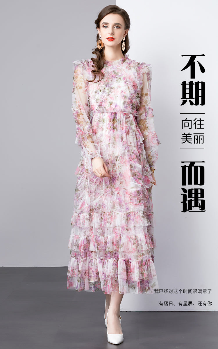 Original design graphic women's French purple and red flower print elegant temperament dress