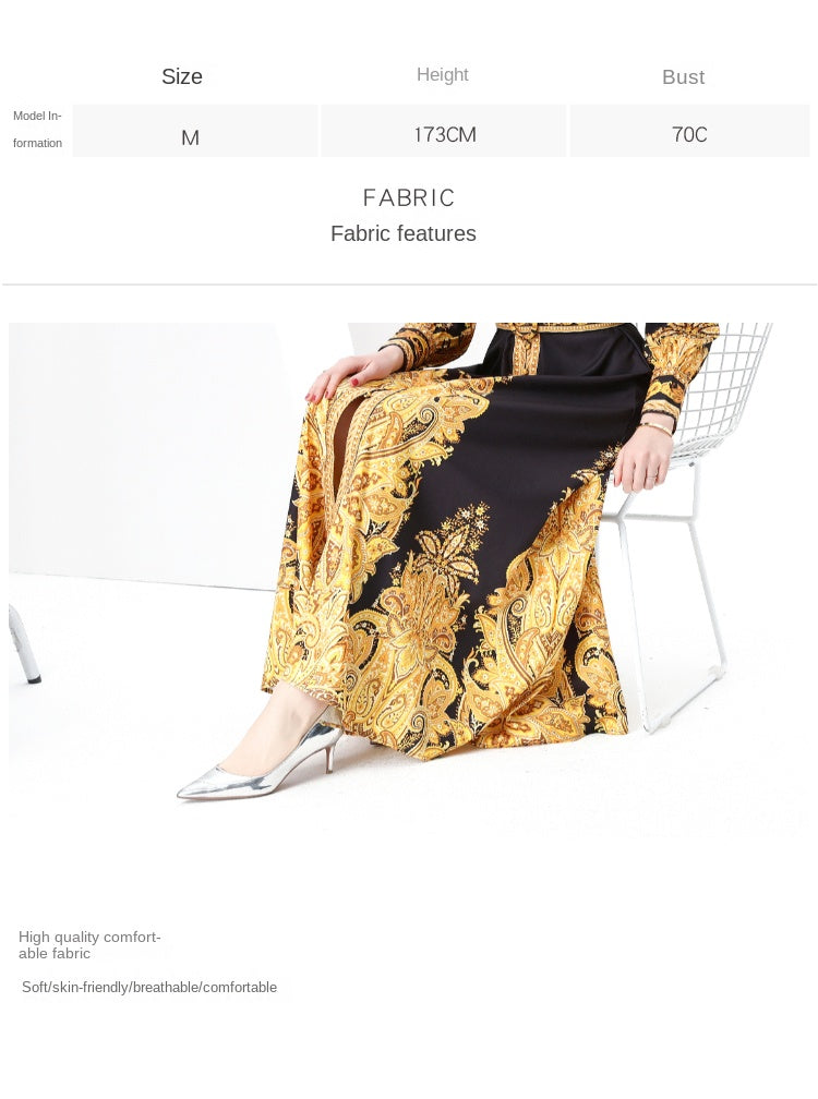 Original design: Spring, Summer, Autumn, resort style, retro stand-up collar, single-row print, wide hem maxi dress