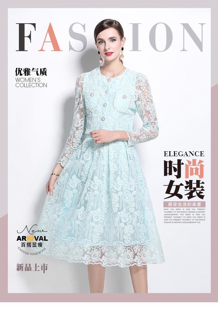 Original design for spring and summer long sleeved small fragrance style set light luxury temperament water-soluble lace skirt two-piece set