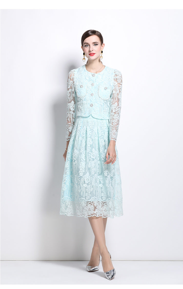Original design for spring and summer long sleeved small fragrance style set light luxury temperament water-soluble lace skirt two-piece set