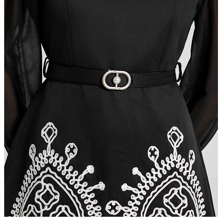 Original Design Light Luxury Heavy Industry Chiffon Splicing Plate Belt Embroidered High Waist Slimming Style Dress
