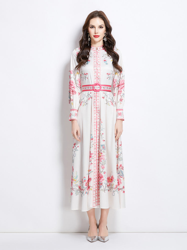 Original design mid length dress with blue and white porcelain pattern standing collar for spring, summer, autumn vacation