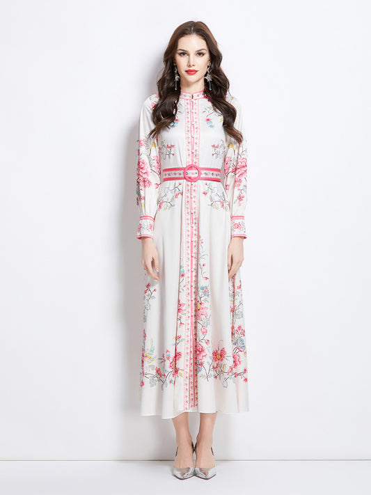 Original design mid length dress with blue and white porcelain pattern standing collar for spring, summer, autumn vacation