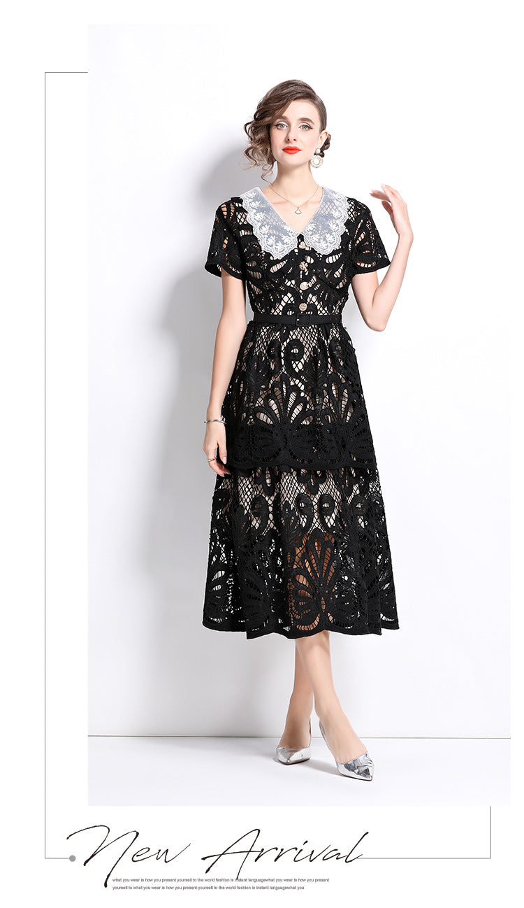 Original Design: Spring and Summer High End Water soluble Embroidered Medium length Skirt with V-neck and Waist cinching to Look Thin Dress