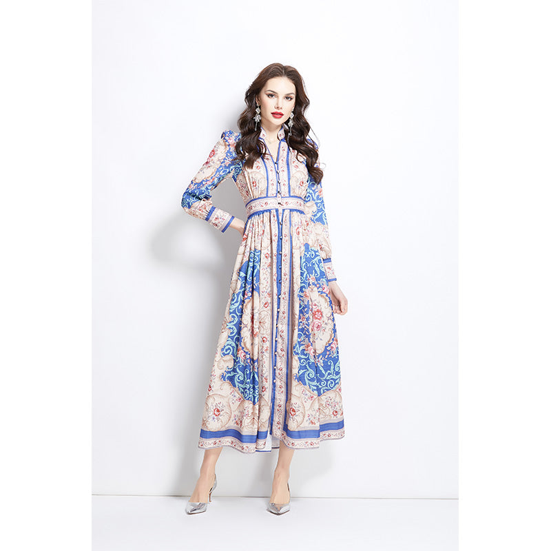 Original Design Spring/Summer Classical Palace Style Printed Bouquet Waist Single breasted Long Dress