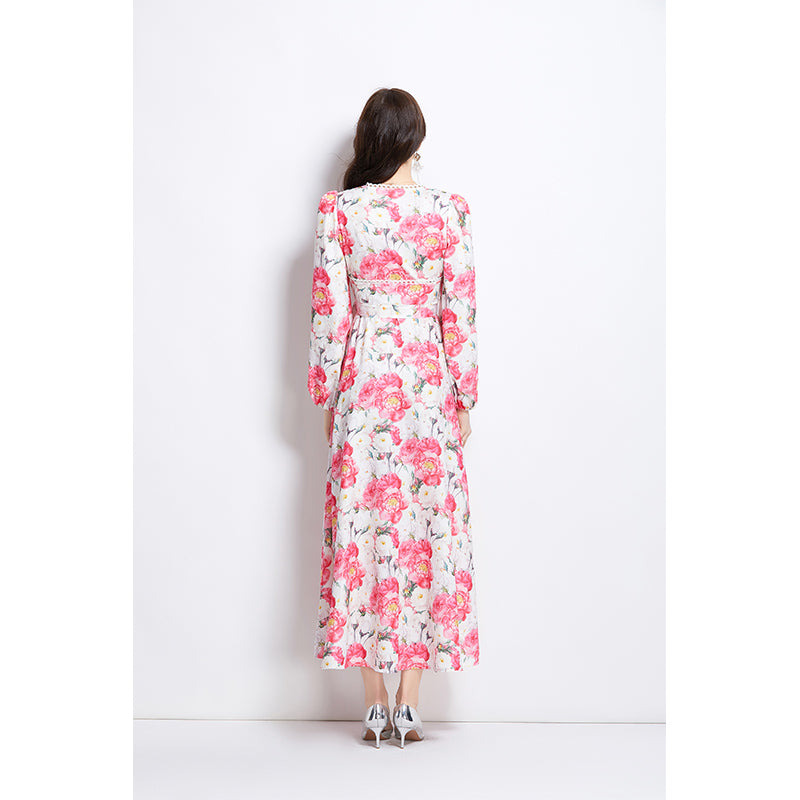 Original Design Spring/Summer Watercolor Flower Long Sleeve Retro Long Dress