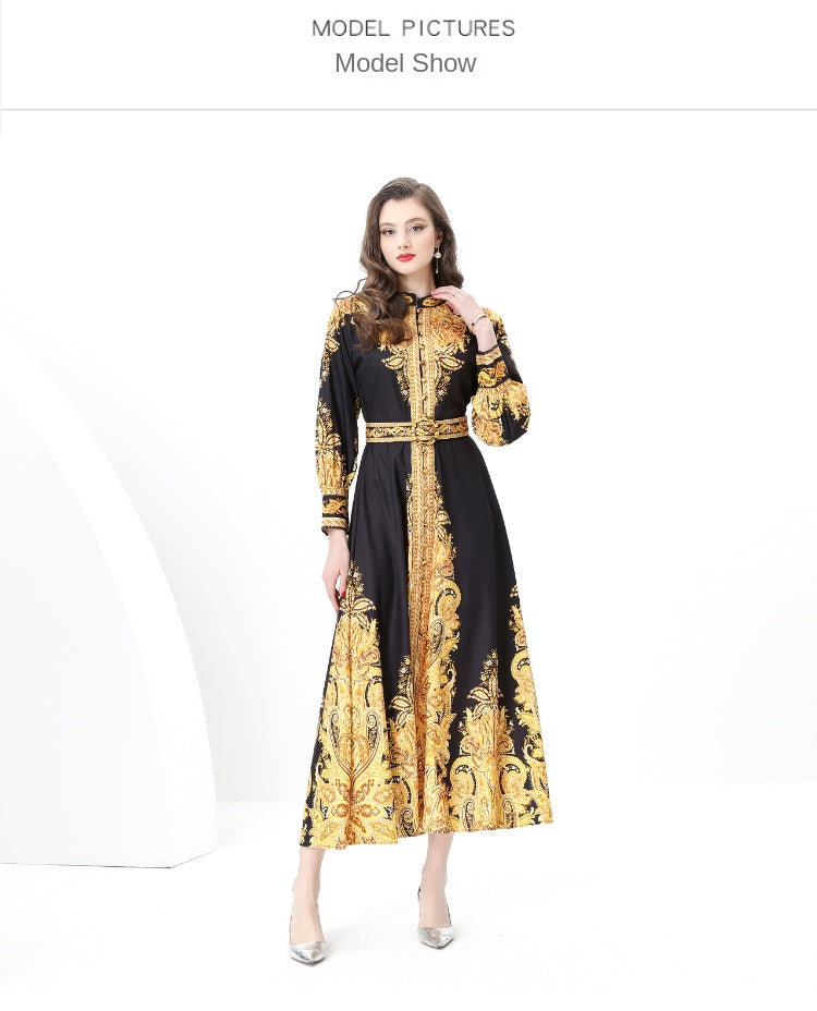 Original design: Spring, Summer, Autumn, resort style, retro stand-up collar, single-row print, wide hem maxi dress