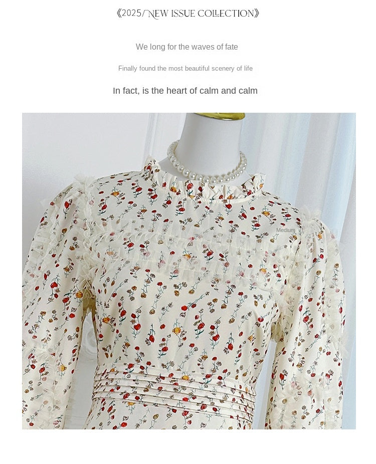 Artwork boutique print patchwork mesh fungus trimmed French court-style women's dress