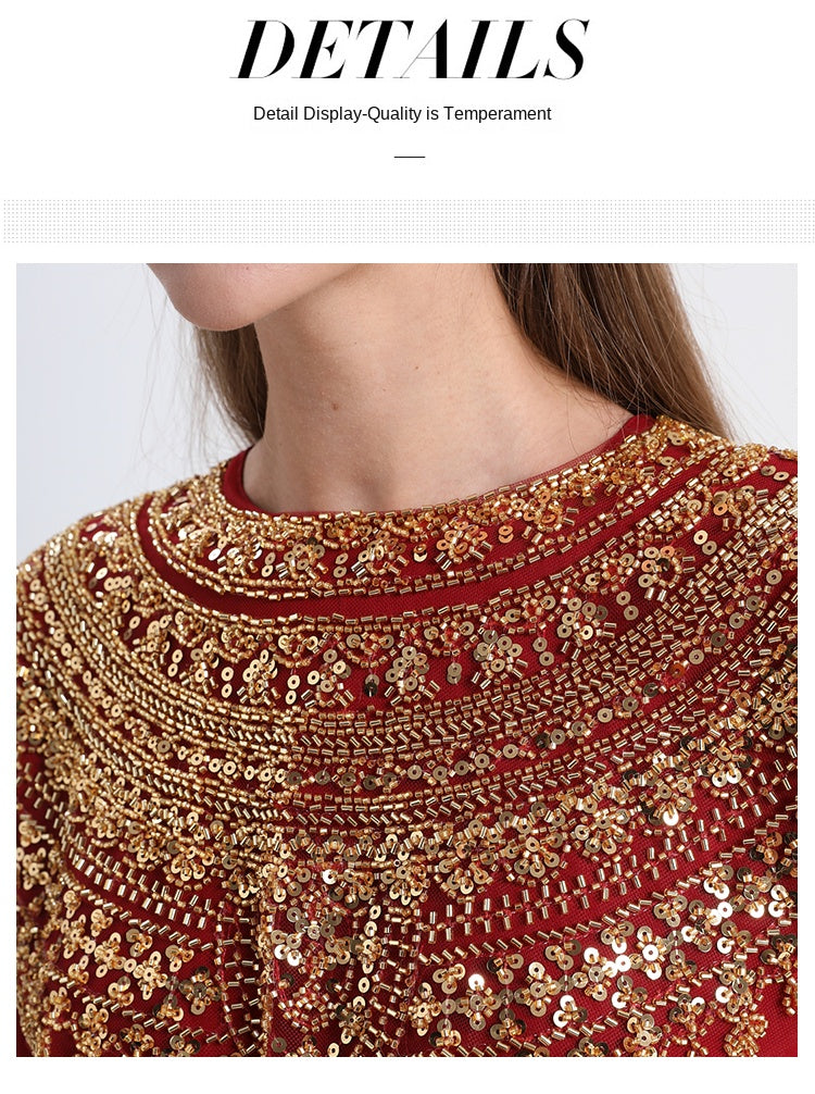 Premium pressed pleated waistband gold beaded sequin shawl and chiffon pleated hem dress