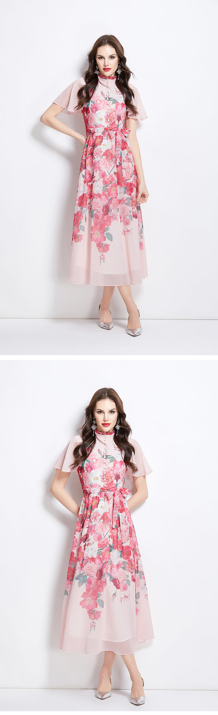 Original design for spring and summer small flying sleeves, ruffled edges, floral patterns, colorful waist cinched stand up collar dress