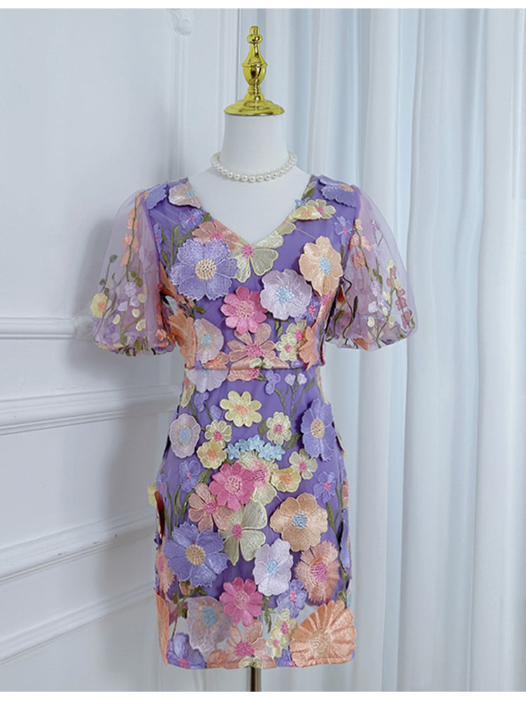 Art embroidery boutique handmade color stringing V-neck puff sleeve hip dress