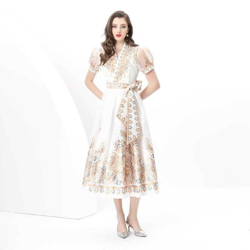 Spring/summer wrap tie style V-neck balloon sleeve long vintage print dress