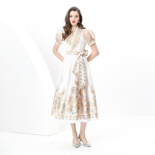 Spring/summer wrap tie style V-neck balloon sleeve long vintage print dress