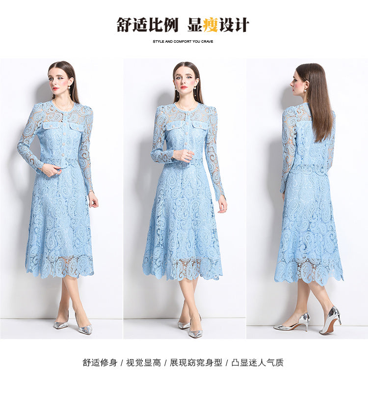 Original design for spring and summer small fragrance style set light luxury and high-end water-soluble lace skirt two-piece set