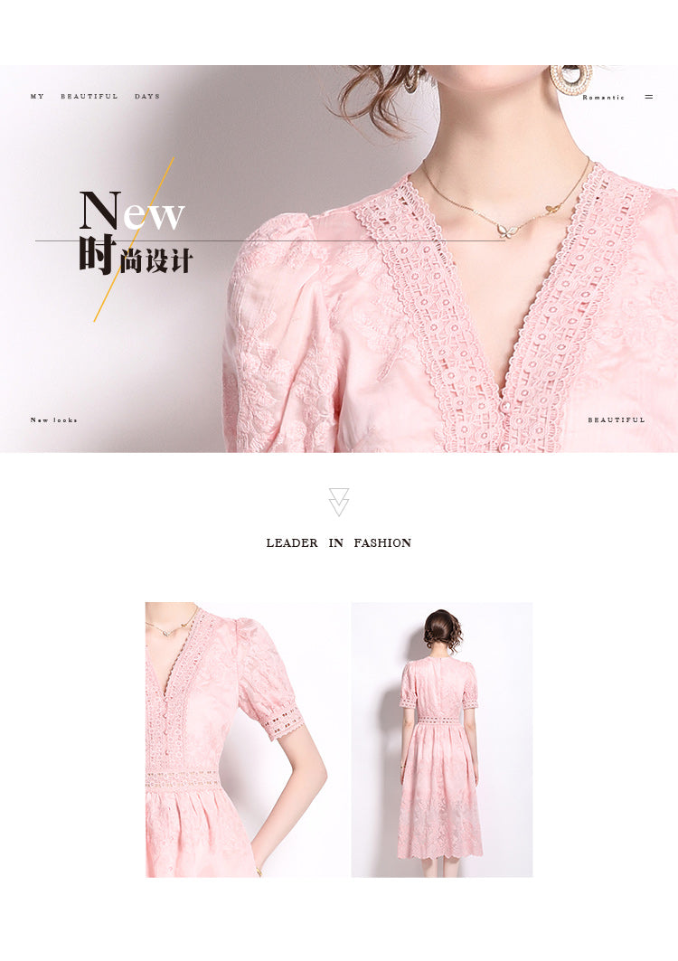Original Design: Spring/Summer Embroidered V-neck Dress with Lace and Lace Charm Slimming Skirt