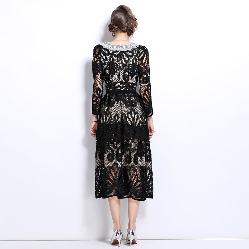 Original Design: Spring and Summer High End Water soluble Embroidered Medium length Skirt with V-neck and Waist cinching to Look Thin Dress