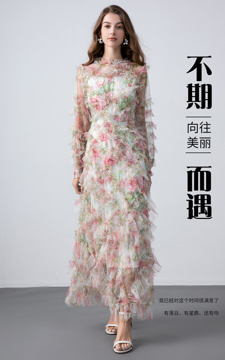 Original design boutique heavy industry romantic fairy temperament printed fungus edge French dress