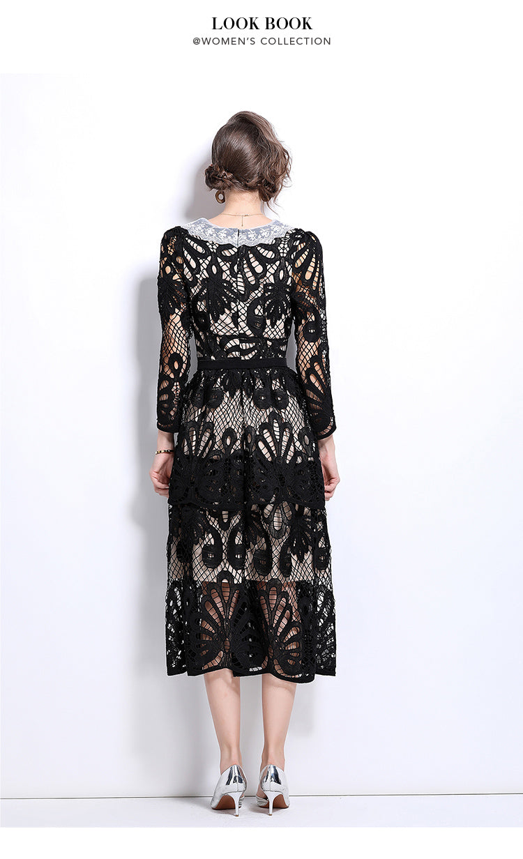 Original Design: Spring and Summer High End Water soluble Embroidered Medium length Skirt with V-neck and Waist cinching to Look Thin Dress
