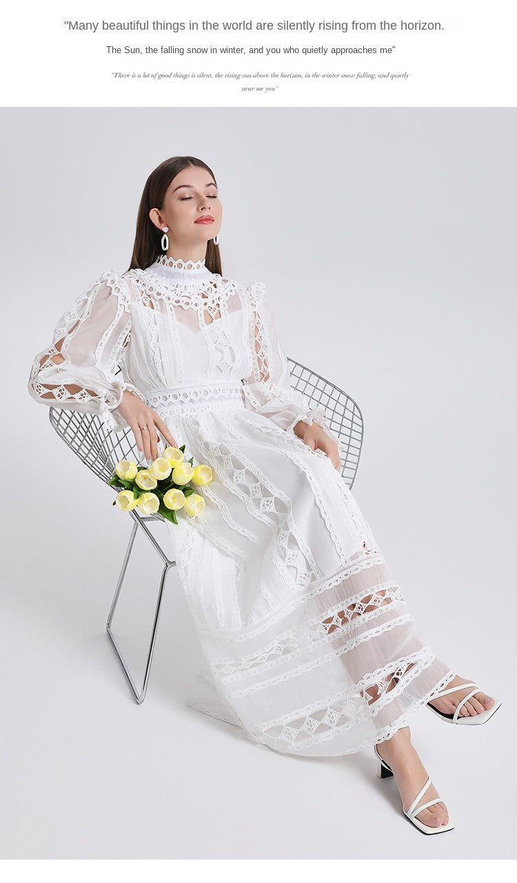 Art cut-out embroidered solid color French maxi skirt waist temperament women's dress