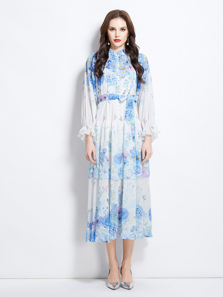 Original design summer/spring/autumn vacation long sleeved ruffled hem waist cinched black fungus collar cake dress