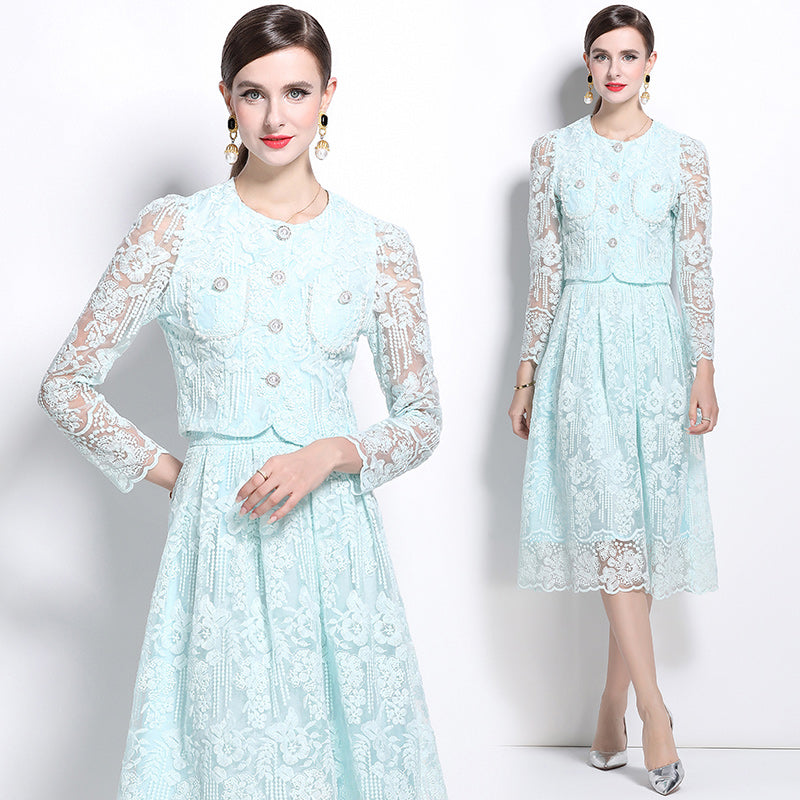 Original design for spring and summer long sleeved small fragrance style set light luxury temperament water-soluble lace skirt two-piece set