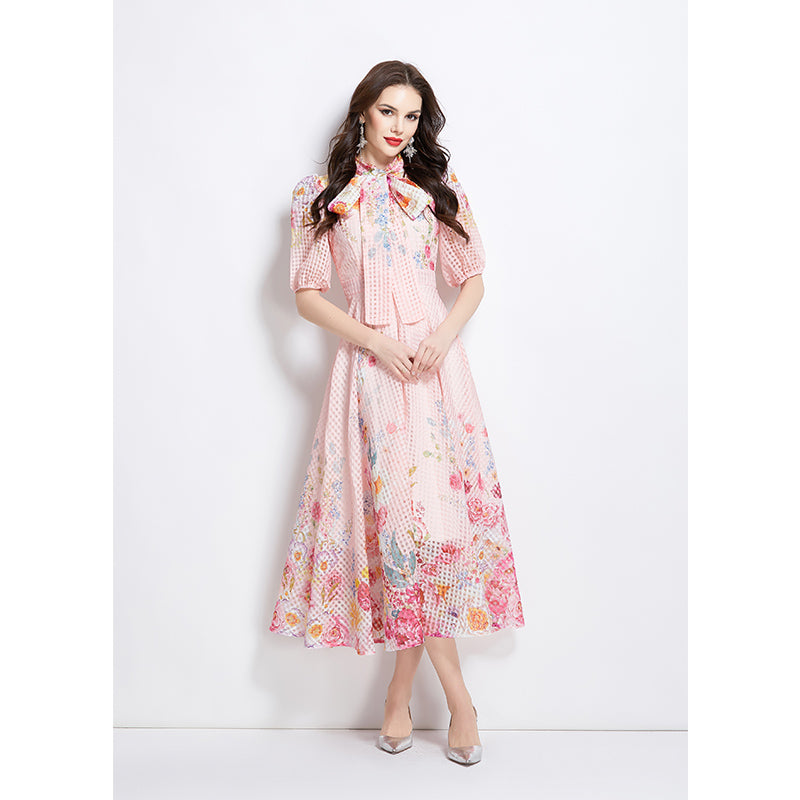 Original Design Spring/Summer Vacation New Oil Painting Flower Bubble Sleeve Medium length Dress