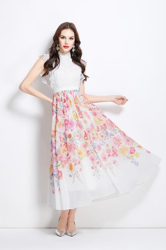 Original Design Spring/Summer/Autumn Vacation New Colorful Oil Painting Style Lace Splicing Long Dress