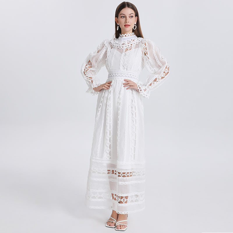 Art cut-out embroidered solid color French maxi skirt waist temperament women's dress