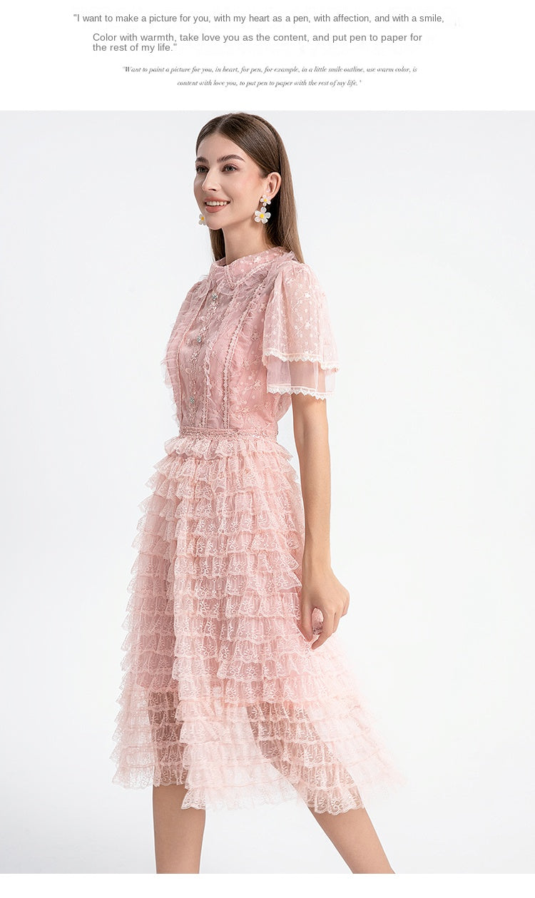 Original design short sleeved French sweet lace lace cake skirt with nail and diamond waist cinching temperament dress