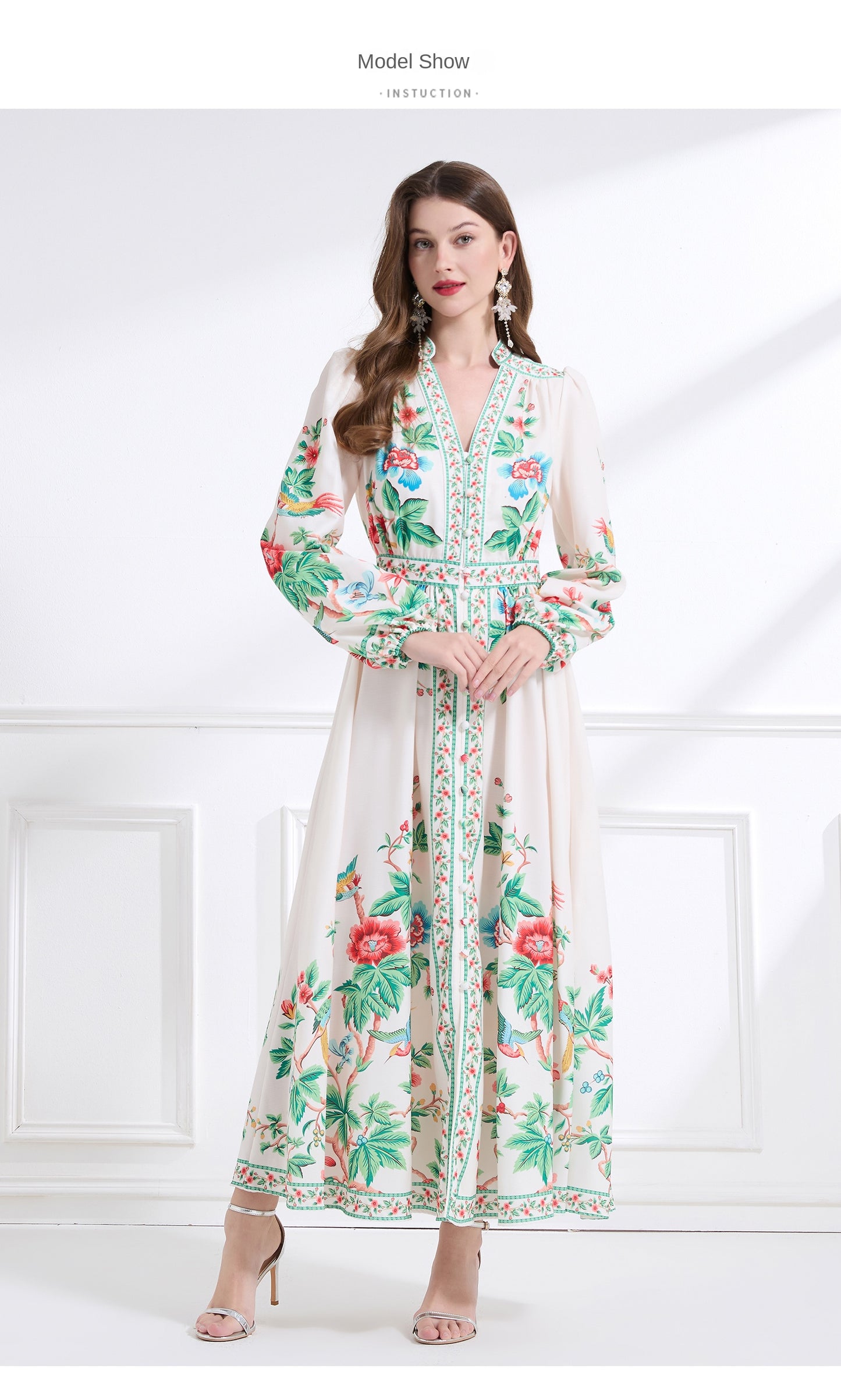 Original design Spring/summer resort-style V-neck, linen, floral, printed, balloon-sleeved, waist-cinching, ruffled maxi skirt