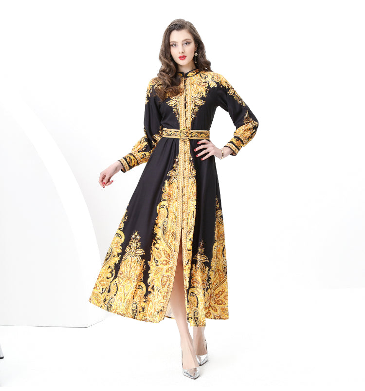 Original design: Spring, Summer, Autumn, resort style, retro stand-up collar, single-row print, wide hem maxi dress