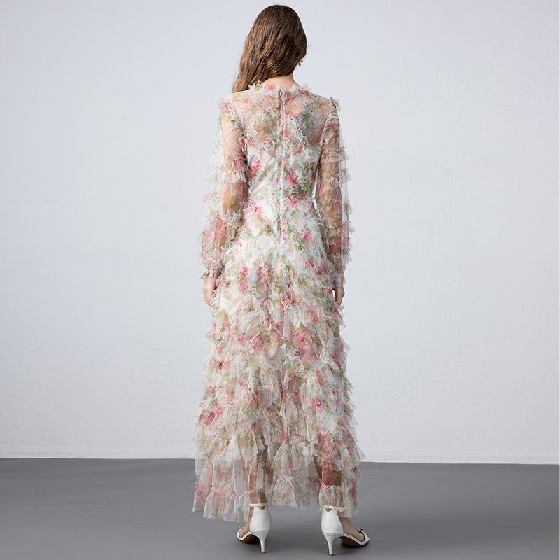 Original design boutique heavy industry romantic fairy temperament printed fungus edge French dress