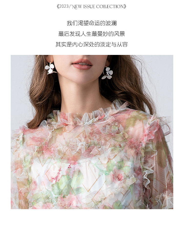 Original design boutique heavy industry romantic fairy temperament printed fungus edge French dress