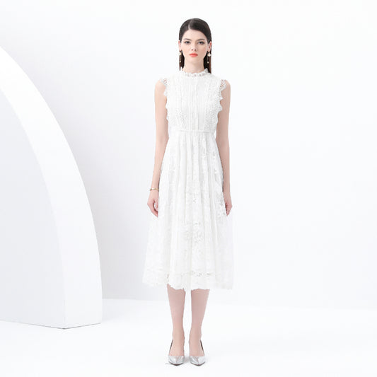 Original design: Spring, Summer, Autumn, Vacation, round neck, smocked style, lace, sleeveless, lace, long vintage dress