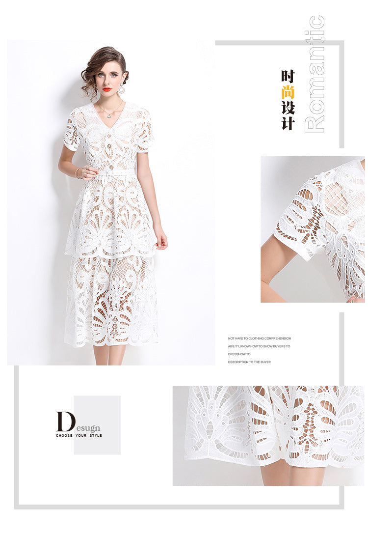 Original Design: Spring/Summer French Luxury Water soluble Embroidered Medium length Skirt with V-neck and Waist cinching to Look Thin Dress