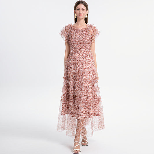 Beautiful French leopard print puff sleeve one-shoulder mesh temperament dress