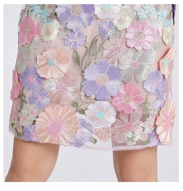 Original Design Heavy Industry Embroidery Boutique Handmade Color Customized Flower V-neck Bubble Sleeve Wrap Hip Dress