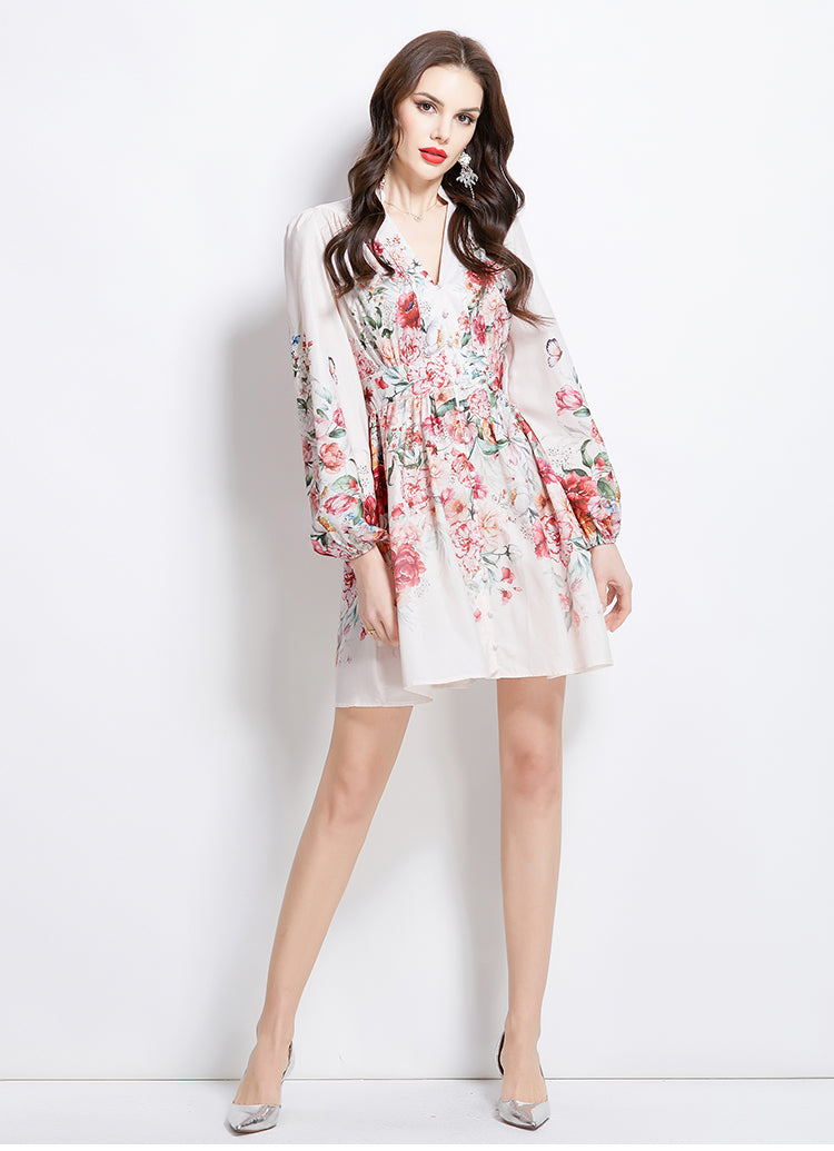 Original Design Spring/Summer/Autumn Vacation Retro Oil Painting Printed Collar Short Dress