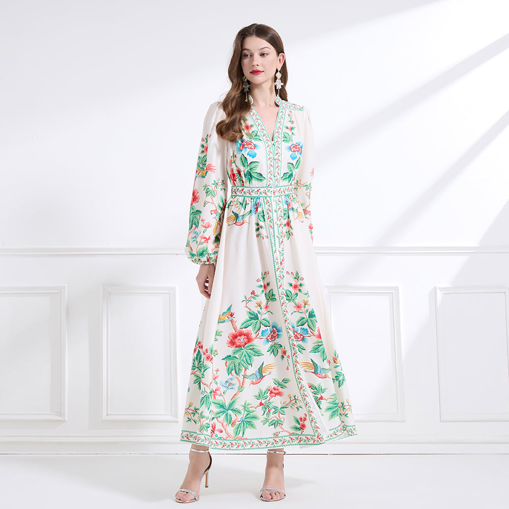 Original design Spring/summer resort-style V-neck, linen, floral, printed, balloon-sleeved, waist-cinching, ruffled maxi skirt