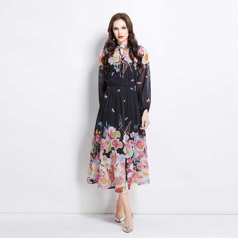 Original Design Spring Summer Autumn Vacation Lantern Sleeve Chiffon Shirt High Waist Half Skirt Two Piece Set