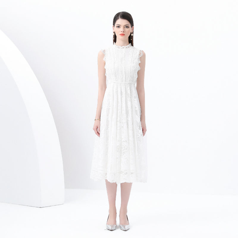 Original design: Spring, Summer, Autumn, Vacation, round neck, smocked style, lace, sleeveless, lace, long vintage dress